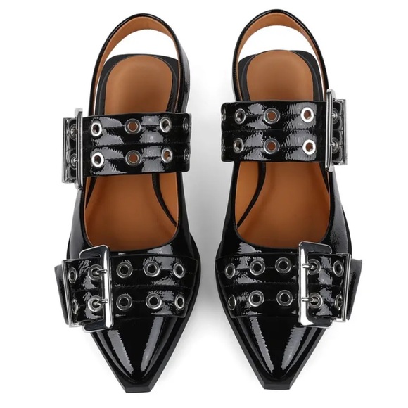 New Double Buckle Ballet Flats Silver NWT Black Slip On Pointed Toe Faux Leather - Picture 2 of 16